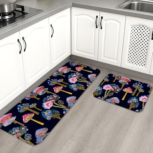 Bunte Küchenmatten mit Blumenmuster für Boden, marineblaues Pilzmuster, weiche Matten, gepolstert, bequem, waschbar, rutschfest, Dekor-Teppiche für Küchenspüle, Waschküche, Badezimmer, 2 Stück Bunte Küchenmatten mit Blumenmuster für Boden, marineblaues Pilzmuster, weiche Matten, gepolstert, bequem, waschbar, rutschfest, Dekor-Teppiche für Küchenspüle, Waschküche, Badezimmer, 2 Stück von Generic