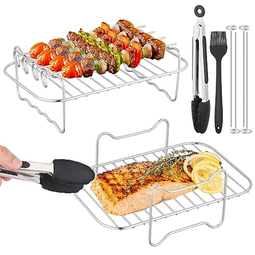 CRROEL 2teiliges Luftfritteusen-Gestell, Heißluftfritteusen-Zubehör Mehrzweck-Edelstahl Airfryer Grillrost mit 4Spießchen,1Ölbürste,1Verbrühungsschutz-Clip für 3,7 Qt-4,2 Qt Luftfritteusen von Generic