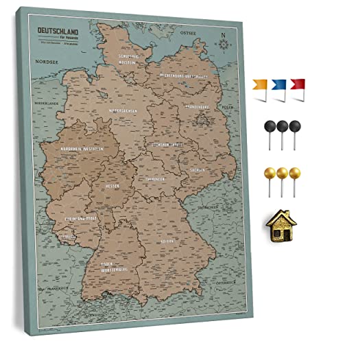 Canvas Deutschlandkarte mit Pinnwand Kork zum Pinnen der Reiseziele - Wanddeko für Jeden Raum - Hochwertige Leinwand Bilder mit Deutschlandkarte in Verschiedenen Größen (110x80 cm, Entwurf 10) von CANVASCALE