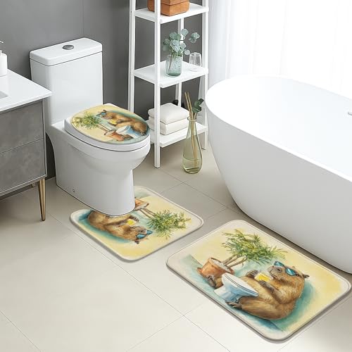 Capybara Badezimmermatten-Set, 3-teilig, lustige Tiere, tropische Pflanzen, saugfähig, rutschfest, WC-Vorleger, U-förmig, waschbar, Sommer, schnell trocknend, Memory-Schaum, Badezimmerteppich-Set von Generic