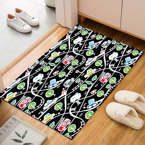 Cartoon Autobahn Auto Teppich Wohnzimmer Teppisch 60x90cm Waschbar Kurzflor Weich rutschfest Teppich, Moderner Schild Pflanzen und Bäume Teppiche für Schlafzimmer Kinderzimmer Büro Esszimmer von Generic