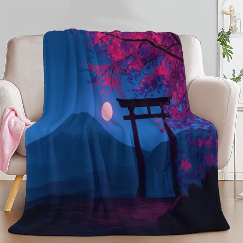 Cartoon Blumen Mond Berge Kuscheldecke 180 x 220 cm Weiche Warme Decke, Mitternachtsblau Flanell Schlafsofa Bedruckte Decke Für Kind Erwachsene Schlafzimmer Camping Picknick von Generic