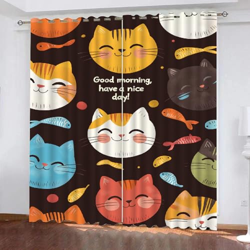 Cartoon-Katze Und Fisch Verdunklungsvorhänge H240 X B132cm Bunte Zeichnung Thermovorhang Hitzeschutz Vorhang Blickdicht mit Ösen Gardinenschals mit Schlaufen 2er Pack von Generic