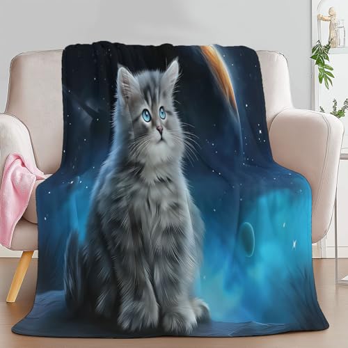 Cartoon Nachthimmel Katzen Kuscheldecke 100 x 130 cm Weiche Warme Decke, Marineblau Flanell Schlafsofa Bedruckte Decke Für Kind Erwachsene Schlafzimmer Camping Picknick von Generic