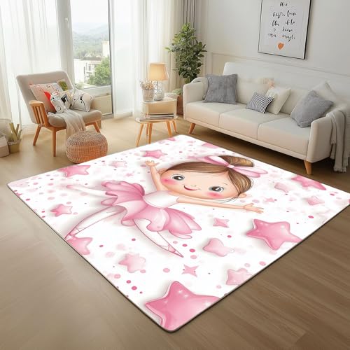 Cartoon Tanz Mädchen Teppich Wohnzimmer 200x300cm Moderner Weicher Teppisch Rugs for Living Room Geometrie Sterne und Schleifen Rutschfester Teppich, maschinenwaschbar, für Schlafzimmer, Flur von Generic