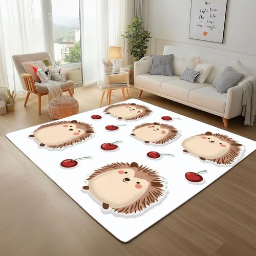 Cartoon Tiere Igel Kirsche Teppich Läufer 180x240cm – Niedliche Tiere Igel Kurzflor Waschbar Teppich, Pflegeleicht, Extra Weich – Für Flur, Küche, Schlafzimmer Teppiche von Generic
