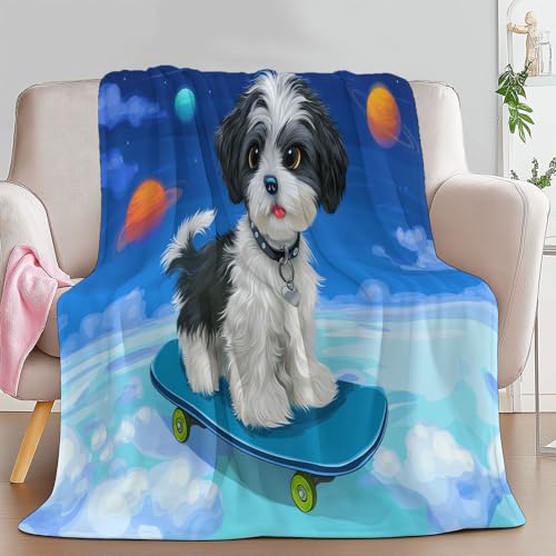 Cartoon Weltraum Tiere Skateboard Fahrender Kuscheldecke 220 x 240 cm Weiche Warme Decke, Marineblau Flanell Schlafsofa Bedruckte Decke Für Kind Erwachsene Schlafzimmer Camping Picknick von Generic