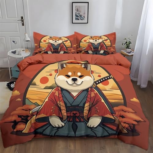 Bettbezug Cartoon Kimono Dicker Shiba Inu Druck-Schlafzimmerdekoration-Bettwäsche-Set, 135 x 200 cm Bettwäsche für Erwachsene, Jungen und Mädchen, Wendbarer Orange Bettbezug mit 2 Kissenbezügen von Generic
