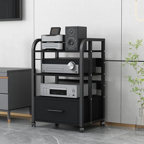 Cd Regals Holz Mit Aufbewahrungsschublade und Rädern HiFi Rack，Geeignet für Wohnzimmer, Büro(Black) von Generic