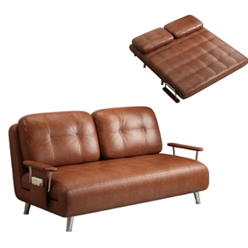 Chaiselongue Sofa mit Schlaffunktion 3-in-1 Wachsleder Ergonomie Wohnzimmersofa 5-Fach Verstellbare Rückenlehne Armlehnen aus Edelstahl Sofabett für Wohnzimmer, Schlafzimmer(Brown,192 * 120 * 26cm) von Generic