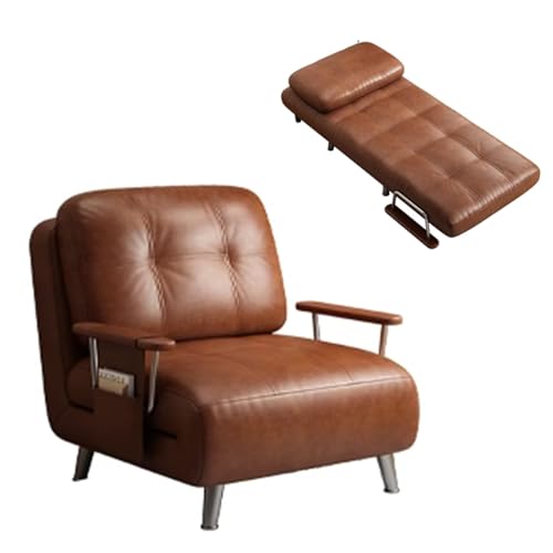 Chaiselongue Sofa mit Schlaffunktion 3-in-1 Wachsleder Ergonomie Wohnzimmersofa 5-Fach Verstellbare Rückenlehne Armlehnen aus Edelstahl Sofabett für Wohnzimmer, Schlafzimmer(Brown,192 * 80 * 26cm) von Generic