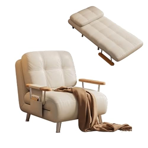 Chaiselongue Sofa mit Schlaffunktion 3-in-1 Wachsleder Ergonomie Wohnzimmersofa 5-Fach Verstellbare Rückenlehne Armlehnen aus Edelstahl Sofabett für Wohnzimmer, Schlafzimmer(White,192 * 100 * 26cm) von Generic