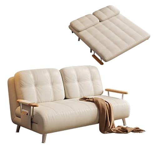 Chaiselongue Sofa mit Schlaffunktion 3-in-1 Wachsleder Ergonomie Wohnzimmersofa 5-Fach Verstellbare Rückenlehne Armlehnen aus Edelstahl Sofabett für Wohnzimmer, Schlafzimmer(White,192 * 120 * 26cm) von Generic