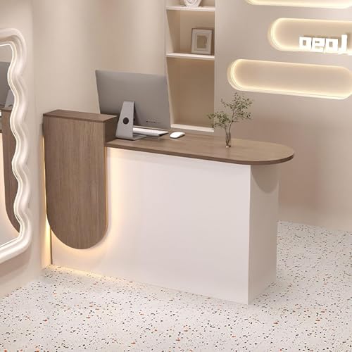 Checkout Counter Empfangstresen Mit Led-leuchten Und Abschließbarer Schublade Einzelhandelstheke Rezeption Rezeption Empfangsraum Tisch Für Checkou, Oak + White (Right High), 39.4"x19.7"x33.5" von Generic