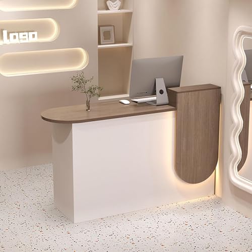 Checkout Counter Empfangstresen Mit Led-leuchten Und Abschließbarer Schublade Einzelhandelstheke Rezeption Rezeption Empfangsraum Tisch Für Checkou, Oak Color + White (Left High), 39.4"x19.7"x33.5" von Generic