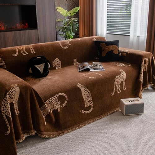 Chenille Sofa Abdeckung Leopard Tier, Anti Katze Kratzer Möbel Schutz für 2/3/4 Sitzer Kissen Bettdecke Couch Handtuch Voll Abdeckung Decke Brown 180 * 460cm von Generic