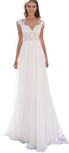 Chiffon Spitze Brautkleid A-Linie Transparenter Ausschnitt Applikationen Formell Sweep Schleppe Flügelärmel Partykleid, White, 42 von Generic