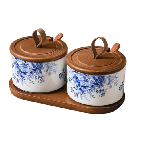 Chinese Style Floral Spice Jar Set Flasche Haushalt Keramik Salzstreuer Küche Gewürz Box Mit Deckel Und Löffel Unterglasur Hand-Painted Pepper Bowl Zucker Container (Stil A,2-teiliges Set) von Generic