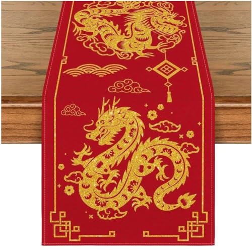 Chinesischer Drachen-Tischläufer Mond-Neujahrs-Tischläufer rote Tischdecke für Zuhause Party Frühlingsfest Tischdekoration von Generic