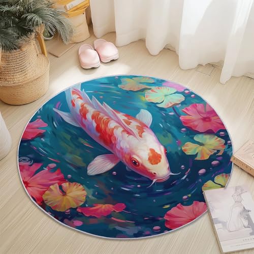 Chinesischer Stil Teich Karpfen Muster Runder Teppich, 100 cm Flanell-Anti-Rutsch Teppiche Krabbelmatte, Blau Rund Teppich für Kinderzimmer Esszimmer Haustierbereich Sofa Dekoration Chinesischer Stil Teich Karpfen Muster Runder Teppich, 100 cm Flanell-Anti-Rutsch Teppiche Krabbelmatte, Blau Rund Teppich für Kinderzimmer Esszimmer Haustierbereich Sofa Dekoration von Generic