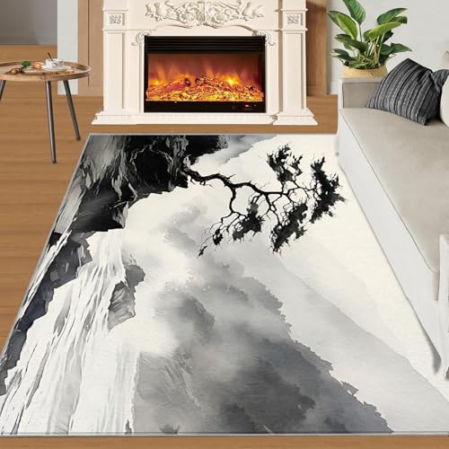 Chinesischer Stil Teppich Seen Berge Kleine Teppiche Schwarz-Weiß-Tuschemalerei 60x90 Rug Naturlandschaft Vorleger Rutschfester Teppich Für Stark Frequentierte Bereiche von BEQUTIY
