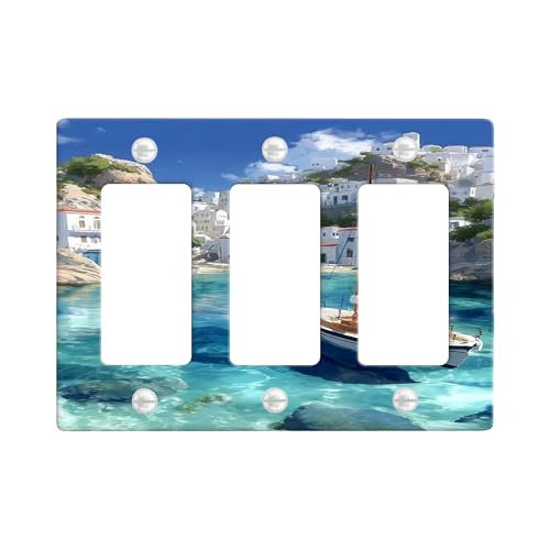 Coastal Breeze Lichtschalter-Abdeckplatten/Steckdosenabdeckungen, türkisfarbenes Wasser und weiße Häuser für Stranddekoration, thermoplastische Wandplatten, Standardgröße 3-Gang-Wandplatte Coastal Breeze Lichtschalter-Abdeckplatten/Steckdosenabdeckungen, türkisfarbenes Wasser und weiße Häuser für Stranddekoration, thermoplastische Wandplatten, Standardgröße 3-Gang-Wandplatte von Generic
