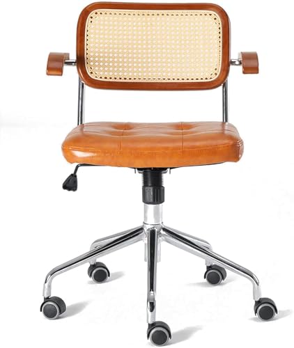 Computerstuhl Aus Rattan, Drehbarer Retro-bürostuhl Ergonomischer Gepolsterter Sessel Mit Leisen Pu-rädern, Schreibtischstuhl Mit Mittlerer Rückenlehn, Yellow 56x56x54cm(22x22x21inch), Yellow von Generic