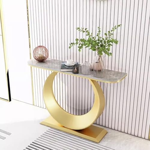 Console Table White and Gold Sockel aus Kohlenstoffstahl Tischplatte aus Stein Konsolentisch Gold Weiß Sofatisch im Industriestil für Eingangsbereich, Wohnzimmer, Flur(F,100 * 30 * 80cm) von Generic