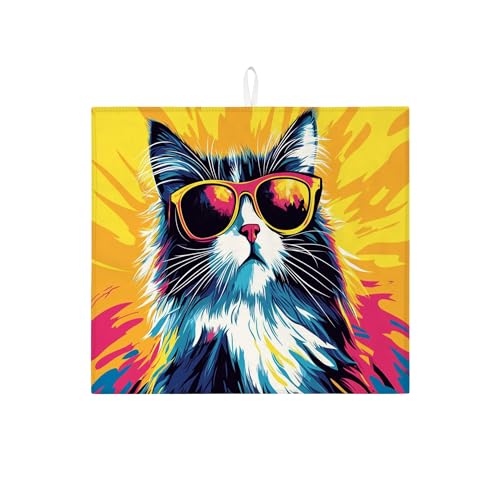 Coole Katzen-Abtropfmatte für Küchentheke, lebendiges Retro-Katzen-Design, saugfähiges Abtropfgestell, lustige Mikrofaser-Abtropfmatte für Küchentheke, Barschutz, 40,6 x 45,7 cm von Generic