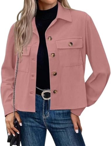 Cordjacke Damen, Trendige Button-down-Revers Cropped Jacke, Herbst Casual Langarm Slim Mantel Tops Mit Taschen, Pink, S von Generic