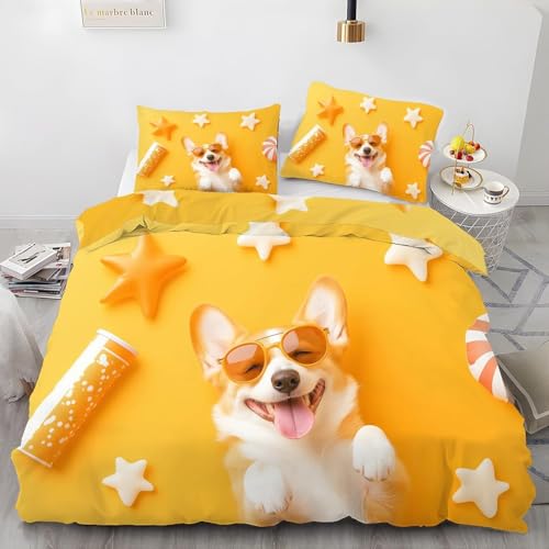 Corgi Bettwäsche 180x200 Gelb Bettwäsche Set, 3D Bettbezug Set Weich Microfaser Bettbezüge 3 Teilig Hund Wendebettwäsche für Doppelbett, mit 2 Kissenbezüge b1882 von Generic