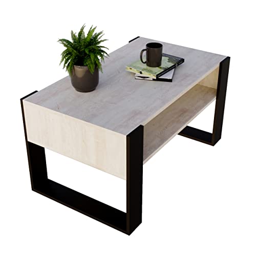 Couchtisch KARO 92 rechteckiger Kaffeetisch aus Holz Modern Teetisch 92 x 53,6 x 45cm massiv und stabil (Cascina Kiefer/Schwarz) von Generic