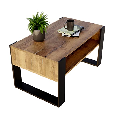 Couchtisch KARO 92 rechteckiger Kaffeetisch aus Holz Modern Teetisch 92 x 53,6 x 45cm massiv und stabil (Retro Eiche/Schwarz) von Generic