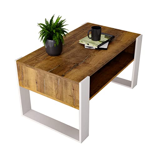 Couchtisch KARO rechteckiger Kaffeetisch aus Holz Modern Teetisch 95 x 53,6 x 45cm massiv und stabil (Halifax Eiche/Weiss), 0012 von Generic