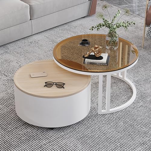Couchtisch Rund 2er Set mit Glas & Stabilen Metallgestell - Moderne Nesting Beistelltische für Wohnzimmer, Büro oder Kleine Räume - Leicht zu Montieren & Stilvoll(Wood Grain Color) von OAKVYNE