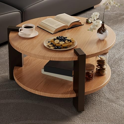 Couchtisch Rund aus Massivholz mit Ablageflächen Stubentisch im Mid-Century-Stil Wohnzimmertisch Modern Kaffeetisch für Kleine Wohnungen, Wohnzimmer und Büros(Natural) von Generic