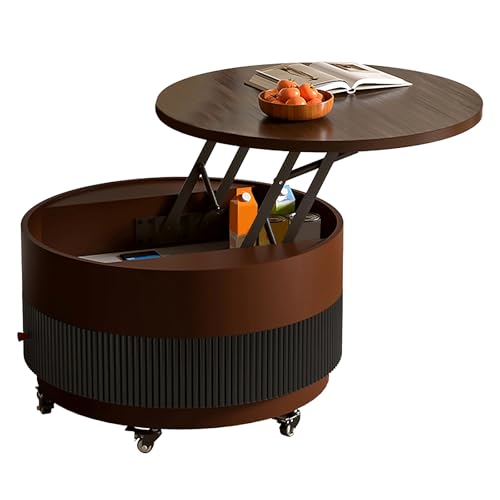 Couchtisch Rund mit Anhebbarer Platte Beweglicher Bodentisch fürs Wohnzimmer mit Geheimfach Landhaus Stubentisch aus Massivholz für Zuhause, Büro, Empfangsraum(Brown+Black,50 * 50 * 38cm) von Generic