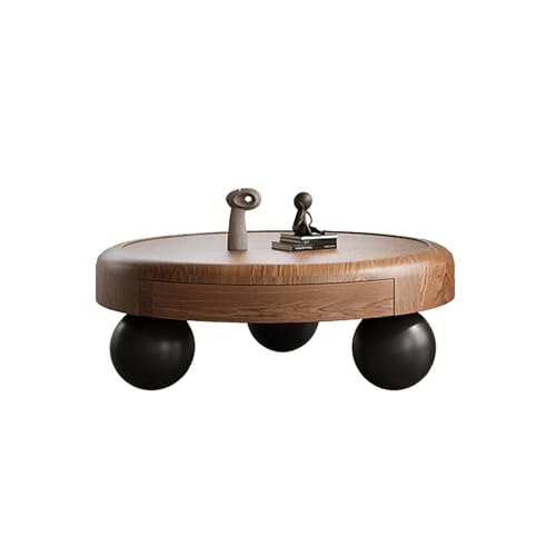 Couchtisch Rund mit Schublade aus Holz Retro Teetisch Mitteltisch mit Kugelbein Stabile Struktur für Zuhause Schlafzimmer Balkon von Generic