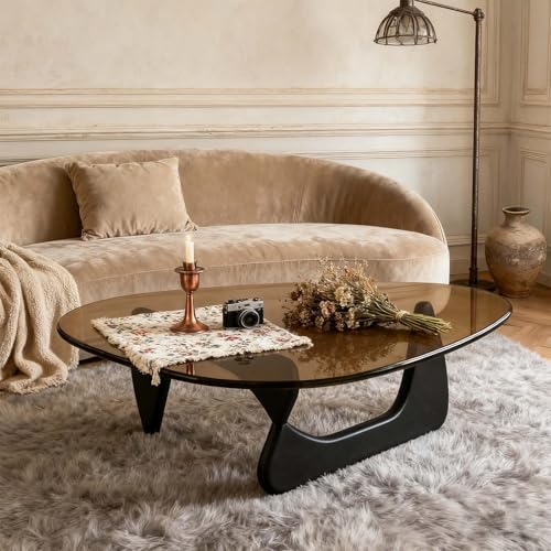 Couchtisch Wohnzimmertisch Modern Couchtisch Glas Sofatisch Dreieckiger Coffee Table Beistelltisch Mit Tischbeine Holz(Black,Brown Glass_82*57 * 40CM) von Generic