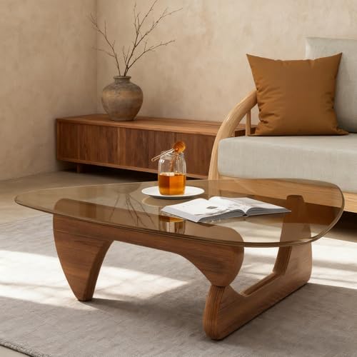 Couchtisch Wohnzimmertisch Modern Couchtisch Glas Sofatisch Dreieckiger Coffee Table Beistelltisch Mit Tischbeine Holz(Walnut,Brown Glass_82*57 * 40CM) von Generic