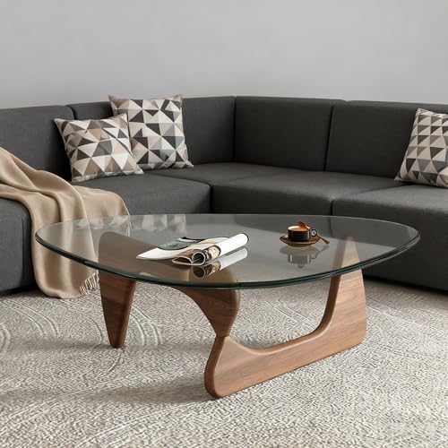 Couchtisch Wohnzimmertisch Modern Couchtisch Glas Sofatisch Dreieckiger Coffee Table Beistelltisch Mit Tischbeine Holz(Walnut,Clear Glass_114*82 * 40CM) von Generic