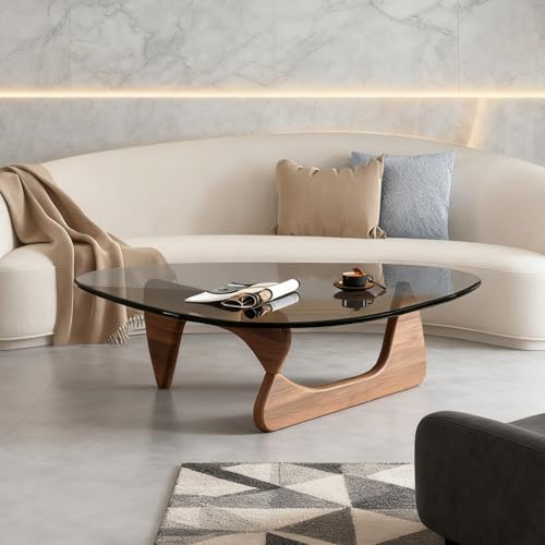 Couchtisch Wohnzimmertisch Modern Couchtisch Glas Sofatisch Dreieckiger Coffee Table Beistelltisch Mit Tischbeine Holz(Walnut,Gray Glass_91*65 * 40CM) von Generic