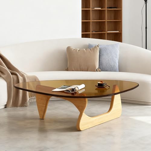 Couchtisch Wohnzimmertisch Modern Couchtisch Glas Sofatisch Dreieckiger Coffee Table Beistelltisch Mit Tischbeine Holz(Wood,Brown Glass_114*82 * 40CM) von Generic