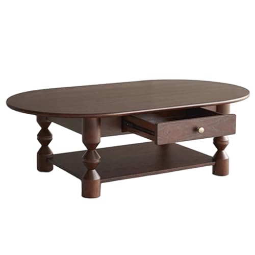 Couchtisch mit Schubladen Mittelalterlicher Stil Massivholz Wohnzimmertische Breite Tischplatte Doppelstöckiger Stauraum Dicke Beine Stubentisch fur Wohnzimmer, Schlafzimmer(Brown) von Generic