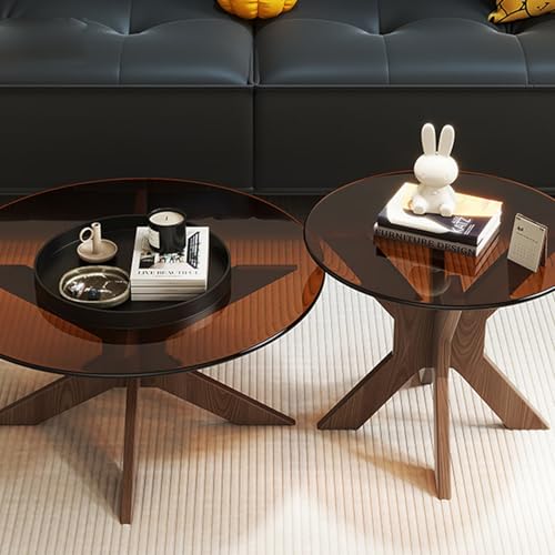 Couchtisch rund, wohnzimmertisch, beistelltisch, Tisch für Couch, couchtisch Glas，Kratzfeste Oberfläche, für Schlafzimmer, 2er Set in 2 Größen, glastisch Wohnzimmer(Walnut-B,70CM/27.5IN) von OAKVYNE