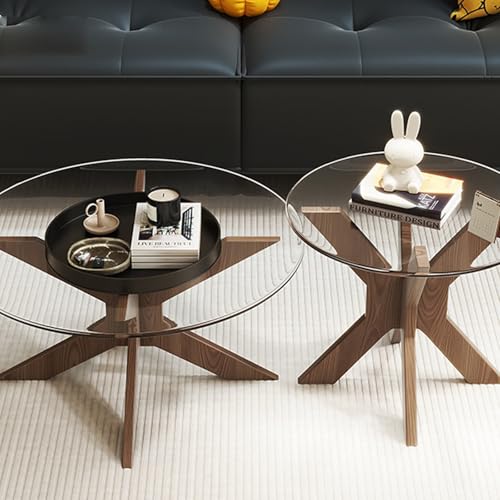 Couchtisch rund, wohnzimmertisch, beistelltisch, Tisch für Couch, couchtisch Glas，Kratzfeste Oberfläche, für Schlafzimmer, 2er Set in 2 Größen, glastisch Wohnzimmer(Walnut-C,70CM/27.5IN) von OAKVYNE