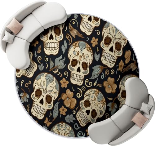 Creme Hellbraunes Runder Teppich 80 cm Waschbar Kurzflor Weich Teppiche, Halloween Totenkopf Blumen Blätter Druckmotive Teppich Faltbar rutschfest Schlafzimmer Kinderzimmer Wohnzimmer Studie Heimbüro von Generic