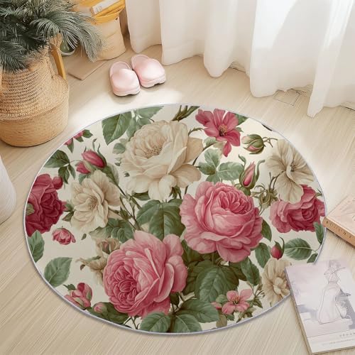 Creme Rosa Runder Teppich 100 cm, Weich Kurzflor Rutschfester Retro Romantisch Rosa Bedruckter Waschbar Runder Teppich - für Schlafzimmer Flur Wohnzimmer Couchtisch Creme Rosa Runder Teppich 100 cm, Weich Kurzflor Rutschfester Retro Romantisch Rosa Bedruckter Waschbar Runder Teppich - für Schlafzimmer Flur Wohnzimmer Couchtisch von Generic