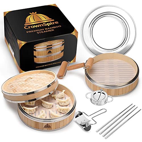 CrownSpire - Dampfkorb aus Bambus - Teigtaschen-Dampfgarer + Gemüse + Meeresfutter - Knödelschneider + Form - Essstäbchen aus Edelstahl - Adapterring - wiederverwendbare Silikoneinsätze - Nudelholz CrownSpire - Dampfkorb aus Bambus - Teigtaschen-Dampfgarer + Gemüse + Meeresfutter - Knödelschneider + Form - Essstäbchen aus Edelstahl - Adapterring - wiederverwendbare Silikoneinsätze - Nudelholz von CrownSpire