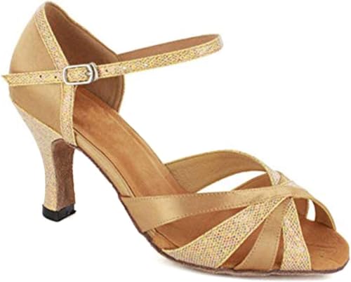 Daing Schuhe Mode Damen Professionelle Tanzschuhe Ballsaal Damen Glitzer Latin Tango Salsa Kreuz Riemen High Heel Indoor Tanzschuhe, Brown 7 5cm Heel, 6 UK von Generic